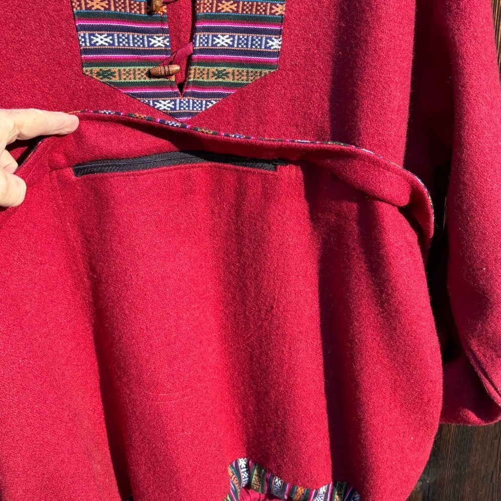 Nepalese Wool Pullover Deep Red with Patterned woven Trim Size XL - Picture 5 of 9